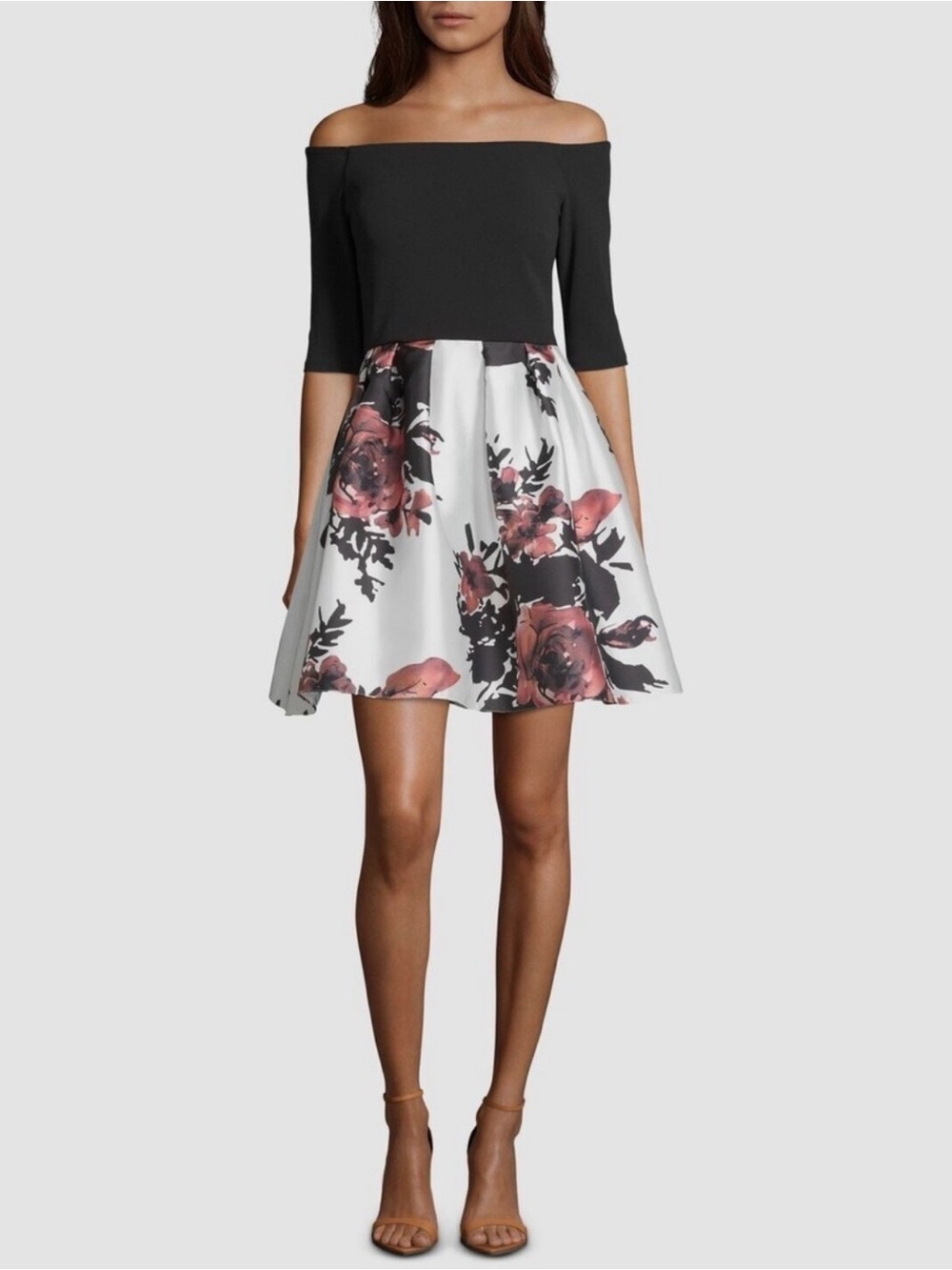 Black Bodice Floral Satin Skirt Dress - Pink/Red Floral